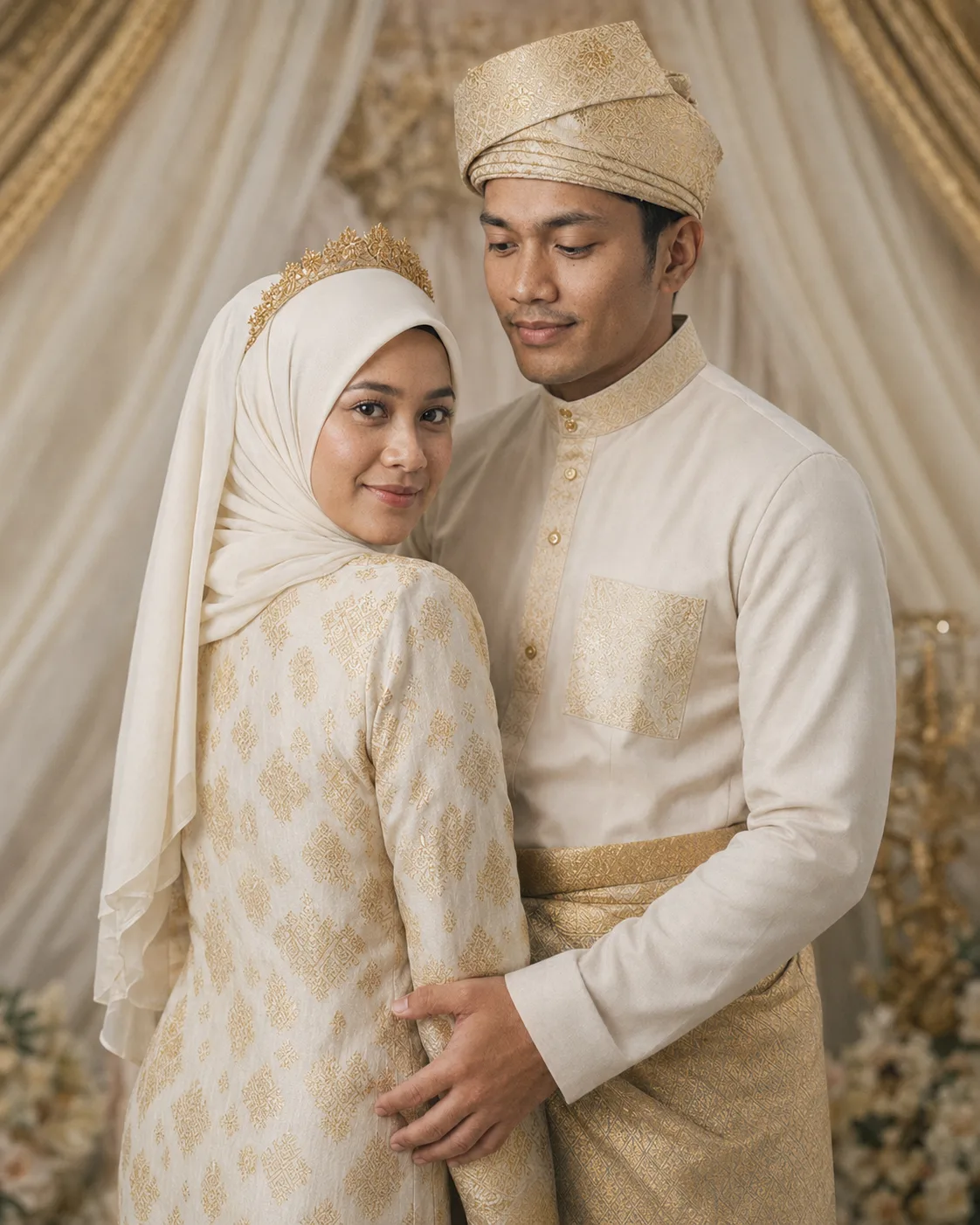 Irfan merangkul Sofea di hadapan tirai berwarna gading