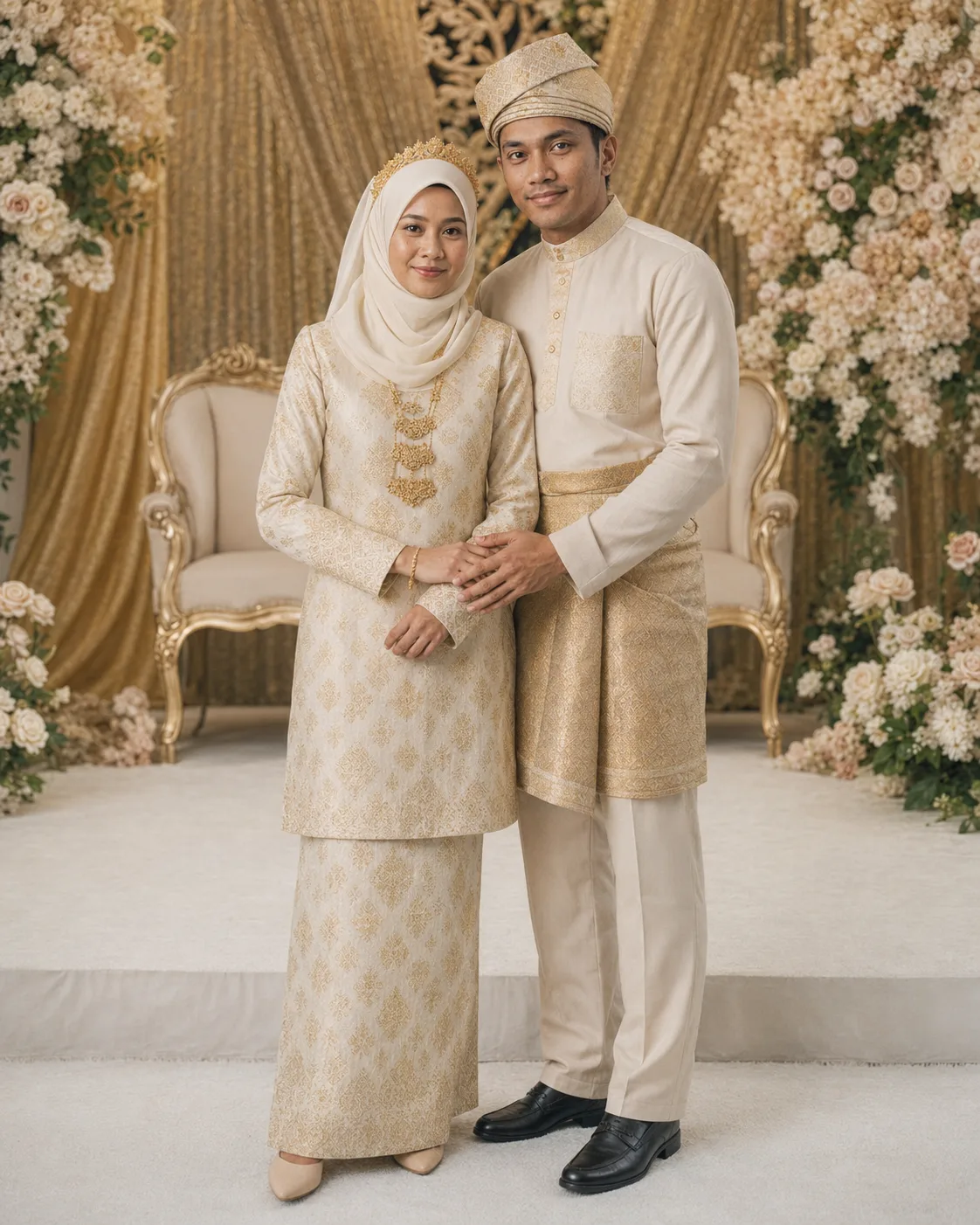 Irfan dan Sofea berbusana gading dan emas, berdiri di hadapan tirai emas dan jambangan bunga