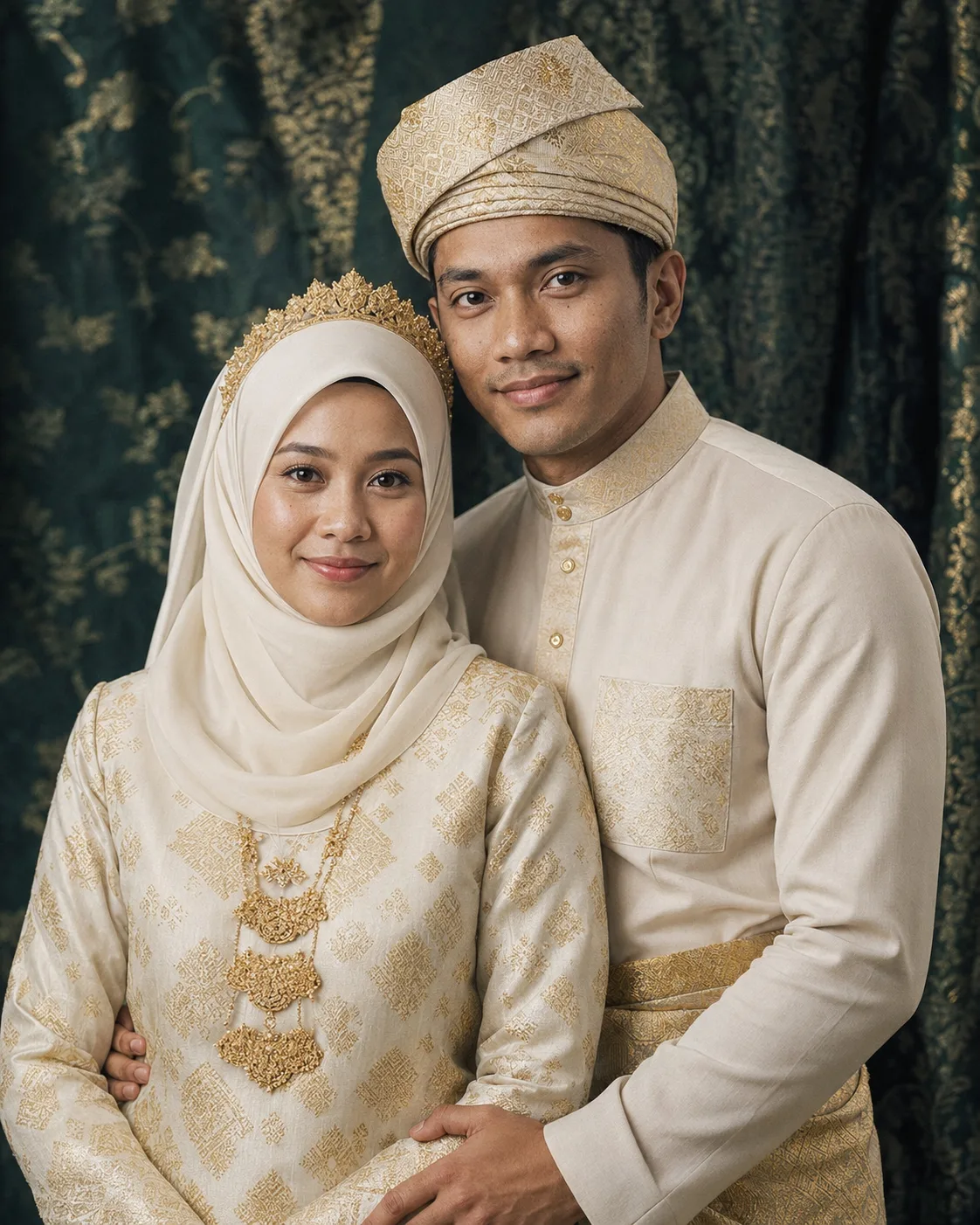 Irfan dan Sofea tersenyum di hadapan tirai hijau bersulam emas