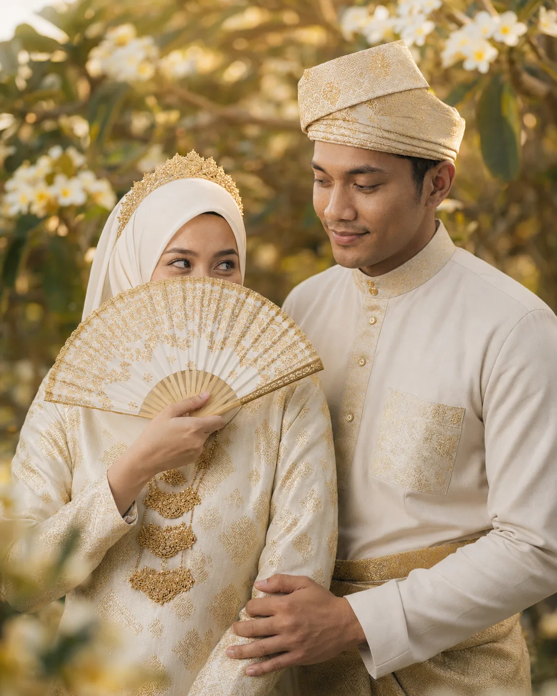 Sofea menutup wajah dengan kipas berenda emas sambil menjeling ke arah Irfan