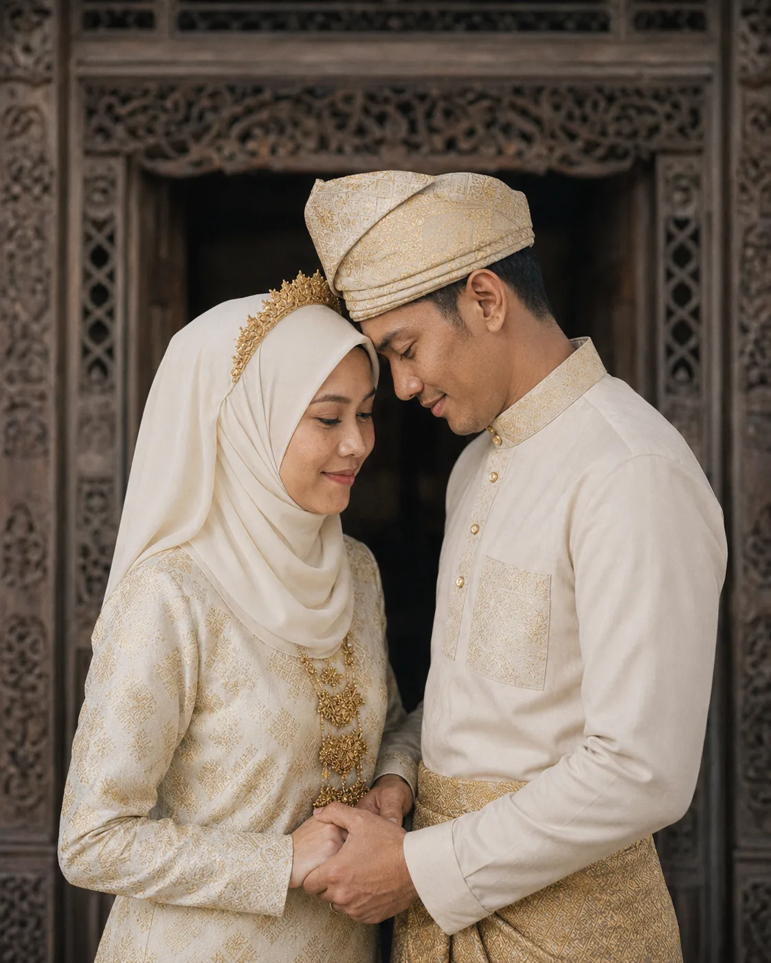 Irfan dan Sofea berpegangan tangan di hadapan pintu kayu berukir