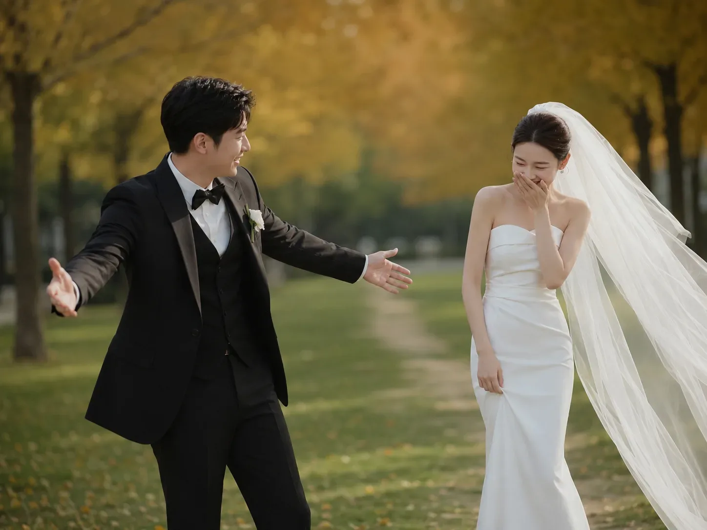 Josh reaching out his arms as Hana laughs behind her hand, under golden trees