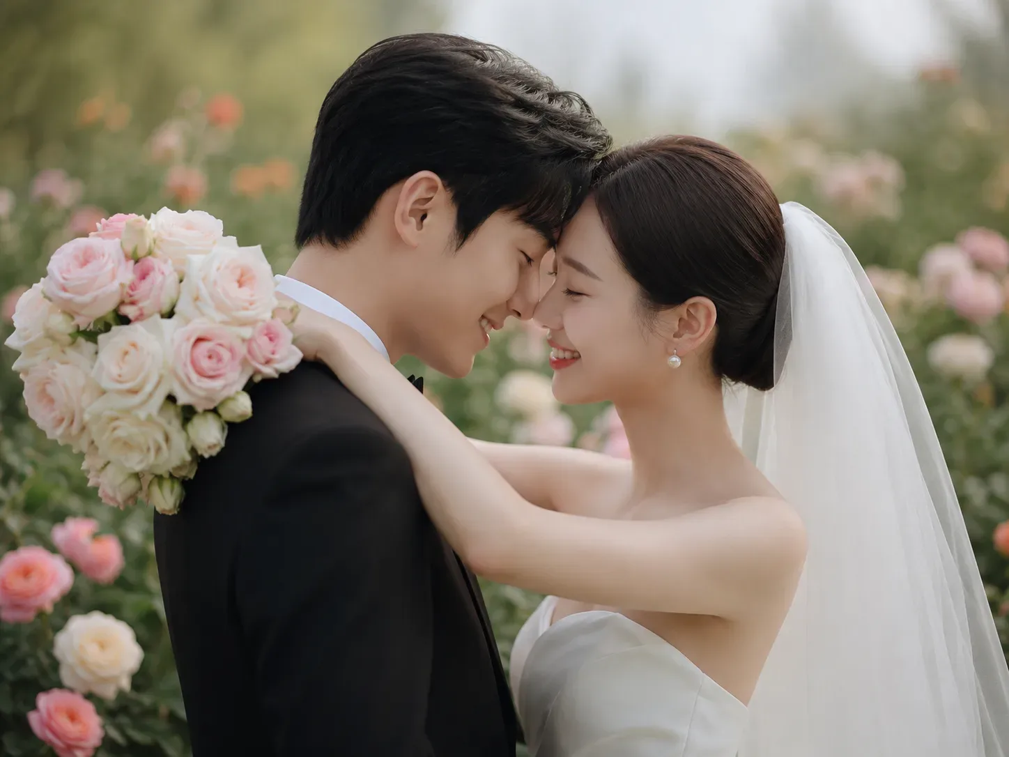 Josh and Hana forehead to forehead, smiling, with a bouquet of pink and white roses