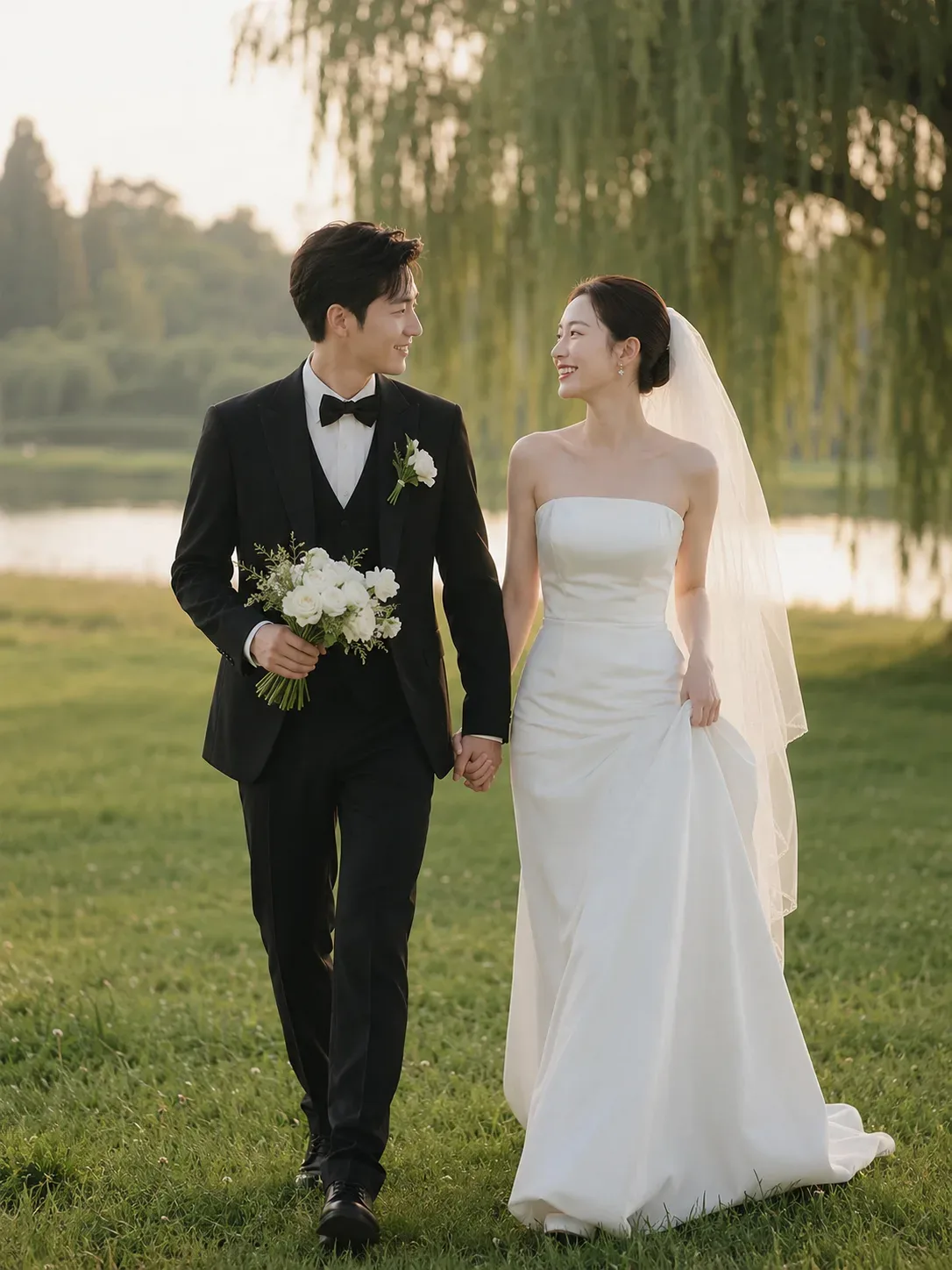 Josh and Hana walking hand in hand across the grass by a lake, under a willow tree
