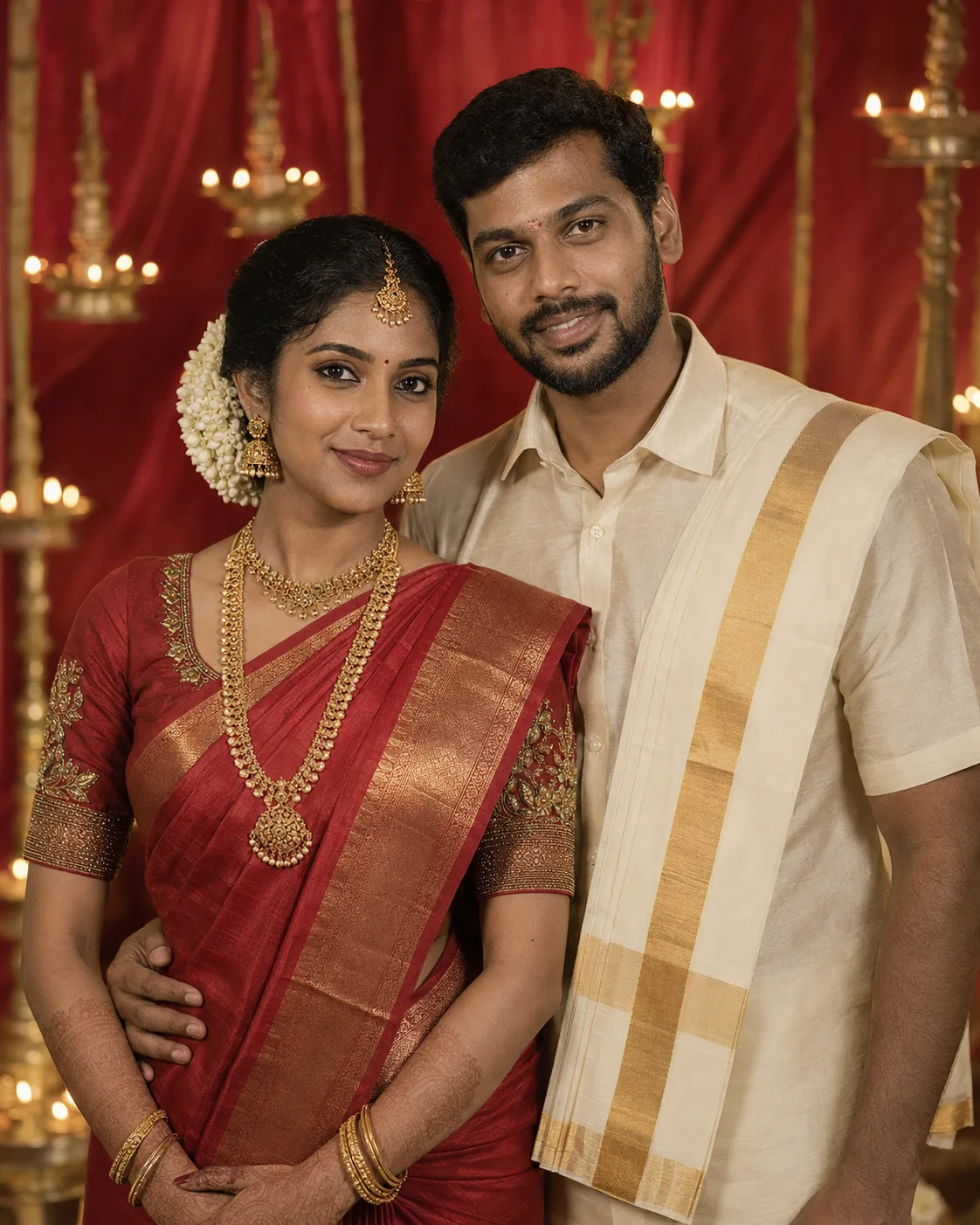 Marcus and Priya smiling in front of a red drape hung with brass lamps