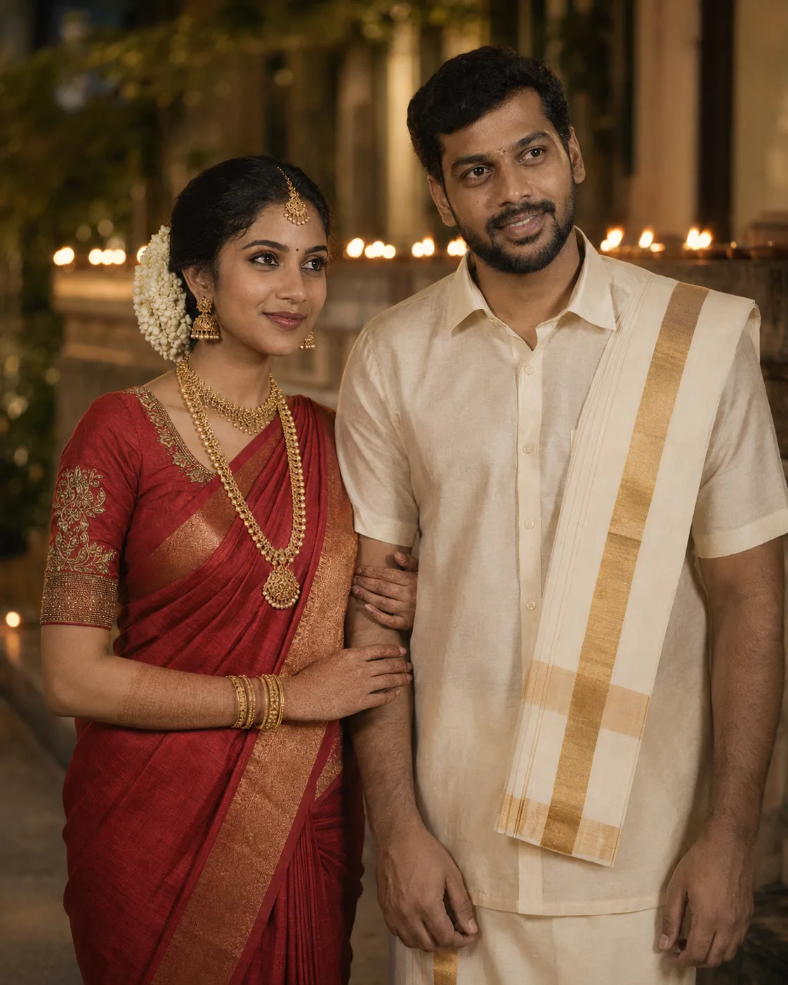 Marcus and Priya arm in arm with a row of small lamps glowing behind them