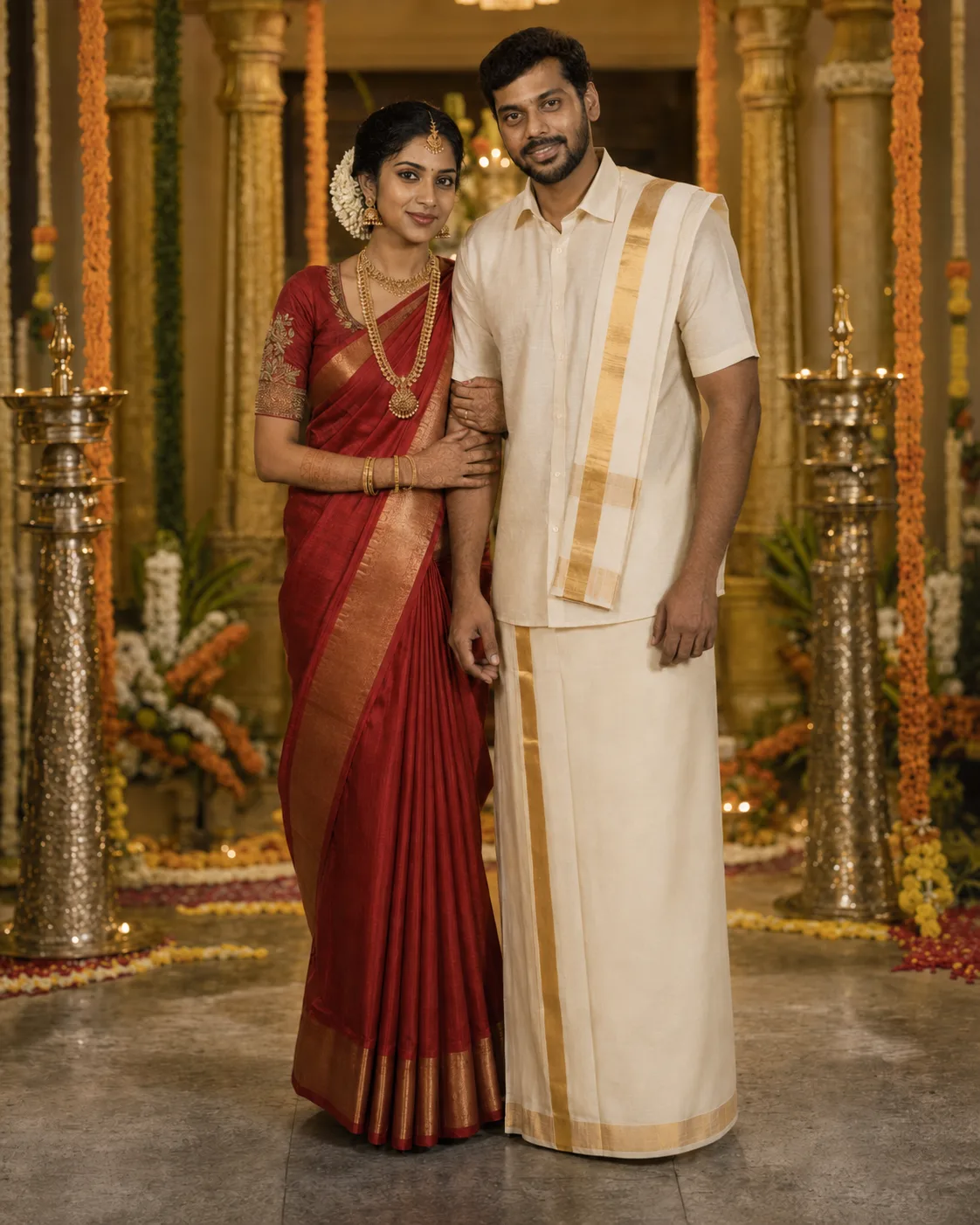 Priya in a red silk saree with a gold border and Marcus in a cream shirt and gold-bordered mundu, arm in arm between tall brass lamps and marigold garlands