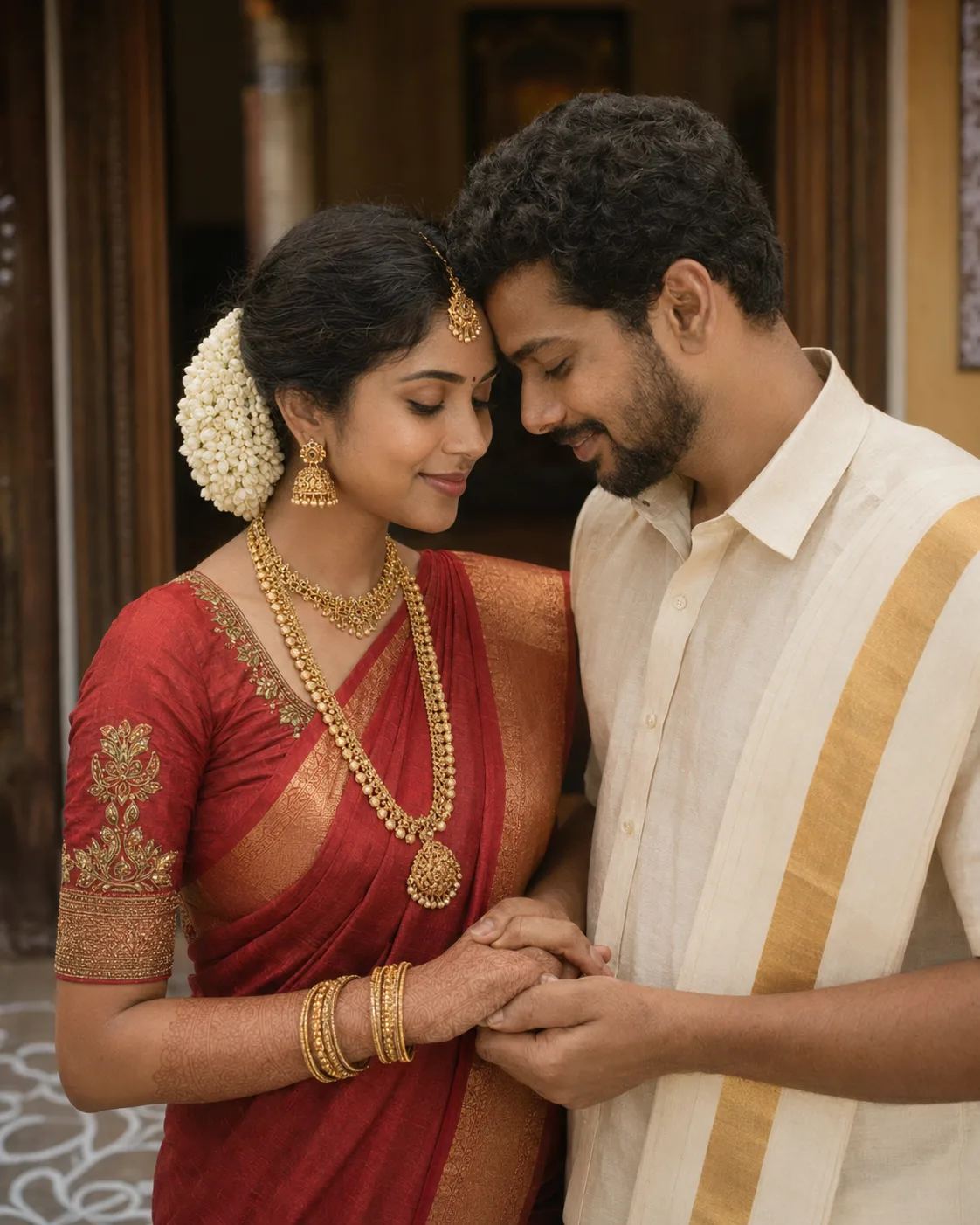 Marcus and Priya forehead to forehead, holding hands