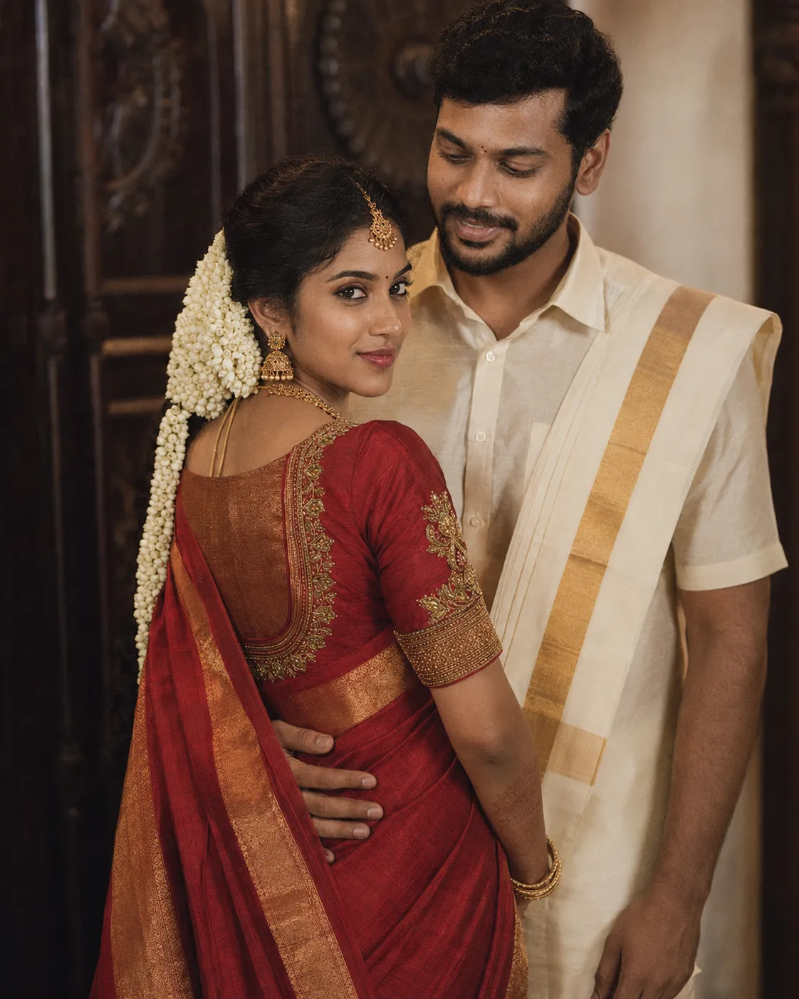 Priya looking back over her shoulder, jasmine in her hair, Marcus beside her