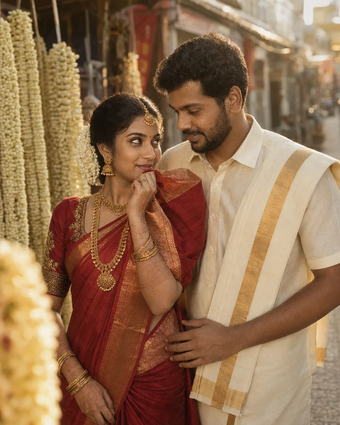Priya glancing up at Marcus beside long strands of jasmine garlands