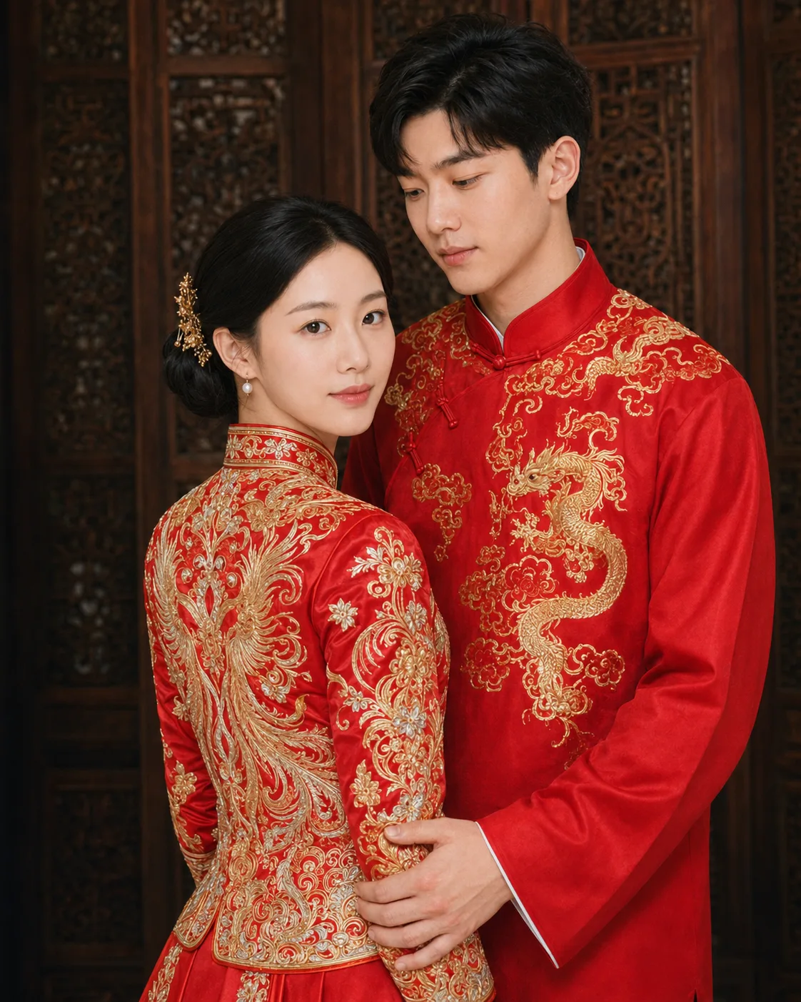 Mei 回眸,Ken 低头看着她,背后是雕花木屏风